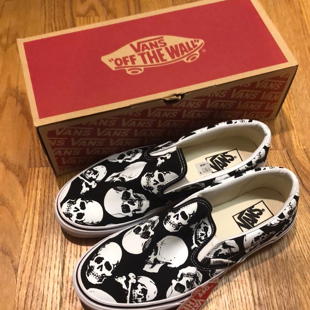 Black and White Skulls Slip On Vans